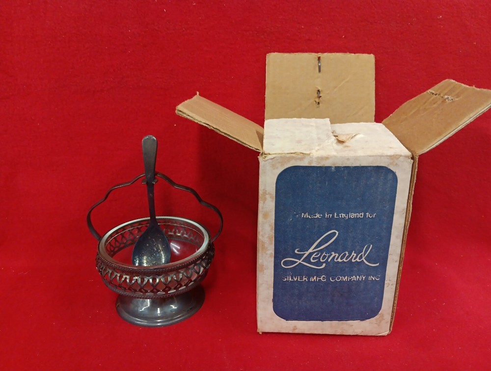 Sheffield England Glass & Silver Plate Sugar Bowl W/Suspended Spoon Original Box