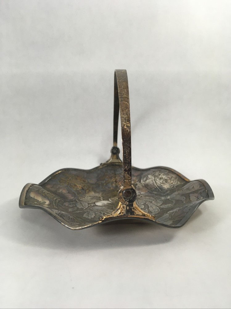 Tapestry Silverplate Floral Embossed Handled Basket Trinket Dish Display