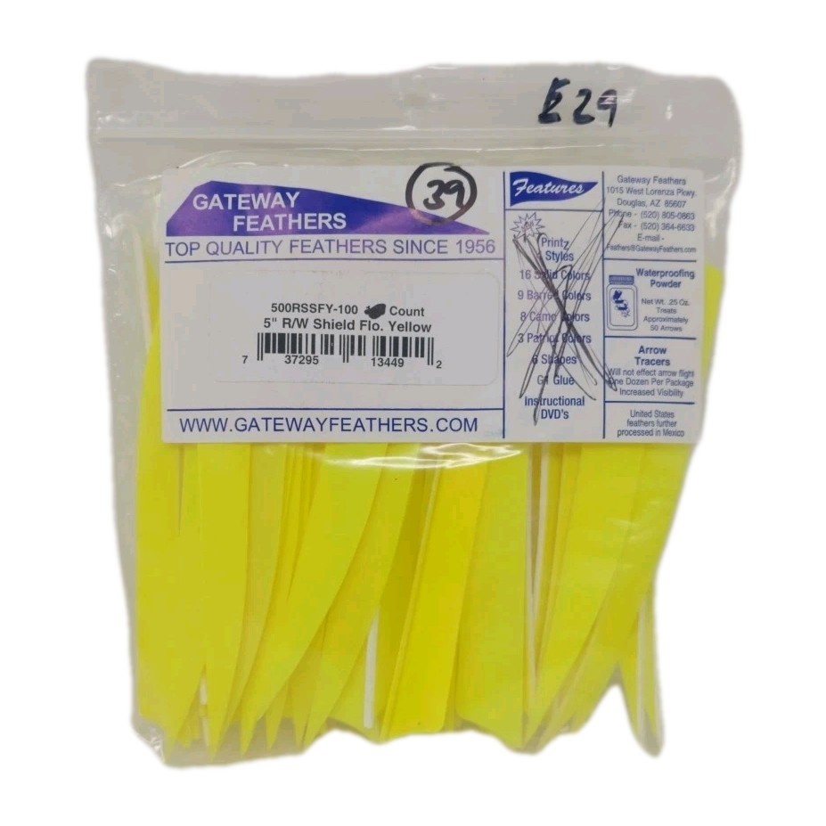 39 Count Gateway Archery Arrow Feathers 5" Right Wing: Shield Fluorescent Yellow