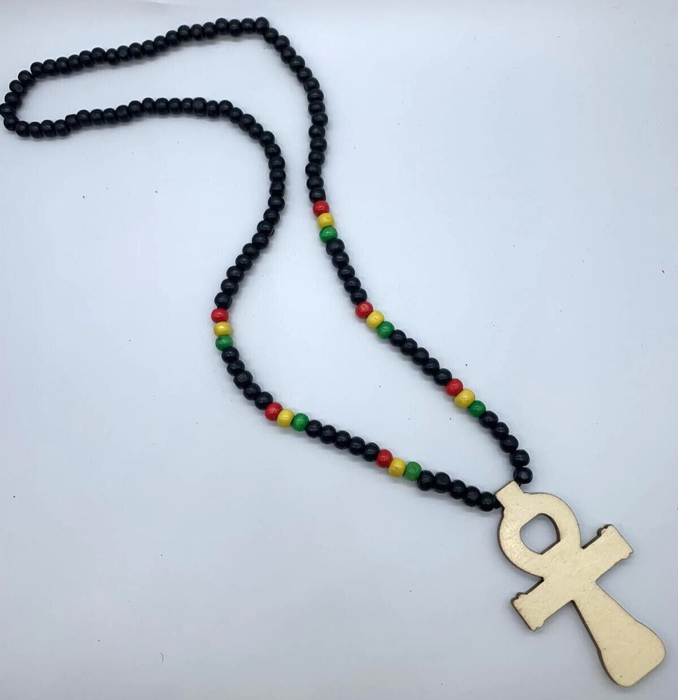 wooden ankh cross necklace rasta colors Egyptian protection religion beads