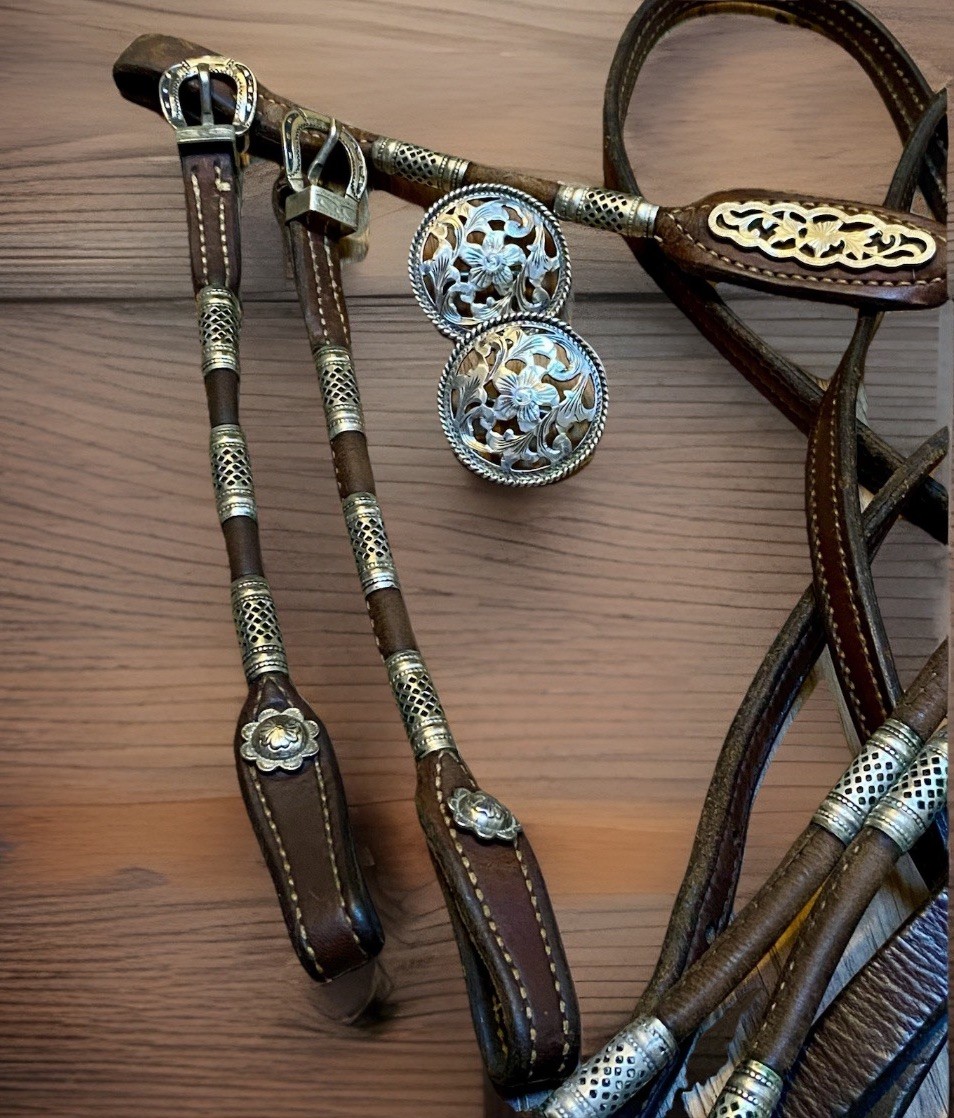 Vntg Poco Western Bridle & Romel Reins Silver Ferrule Fleming Filigree Sterling