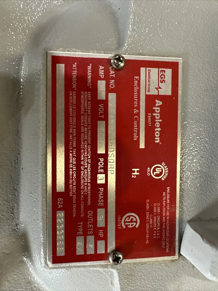 Appleton EGS 30 Amp Explosion Proof Disconnect Switch 600V 3 Phase AEAB3036DSQRP