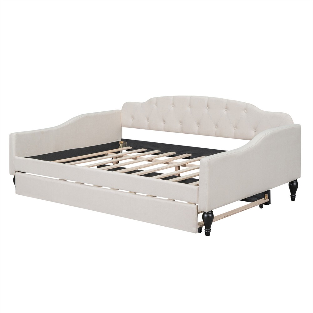 Full Size Daybed with Pull Out Trundle Bed Upholstered Bed Frame Sofa Bed Beige