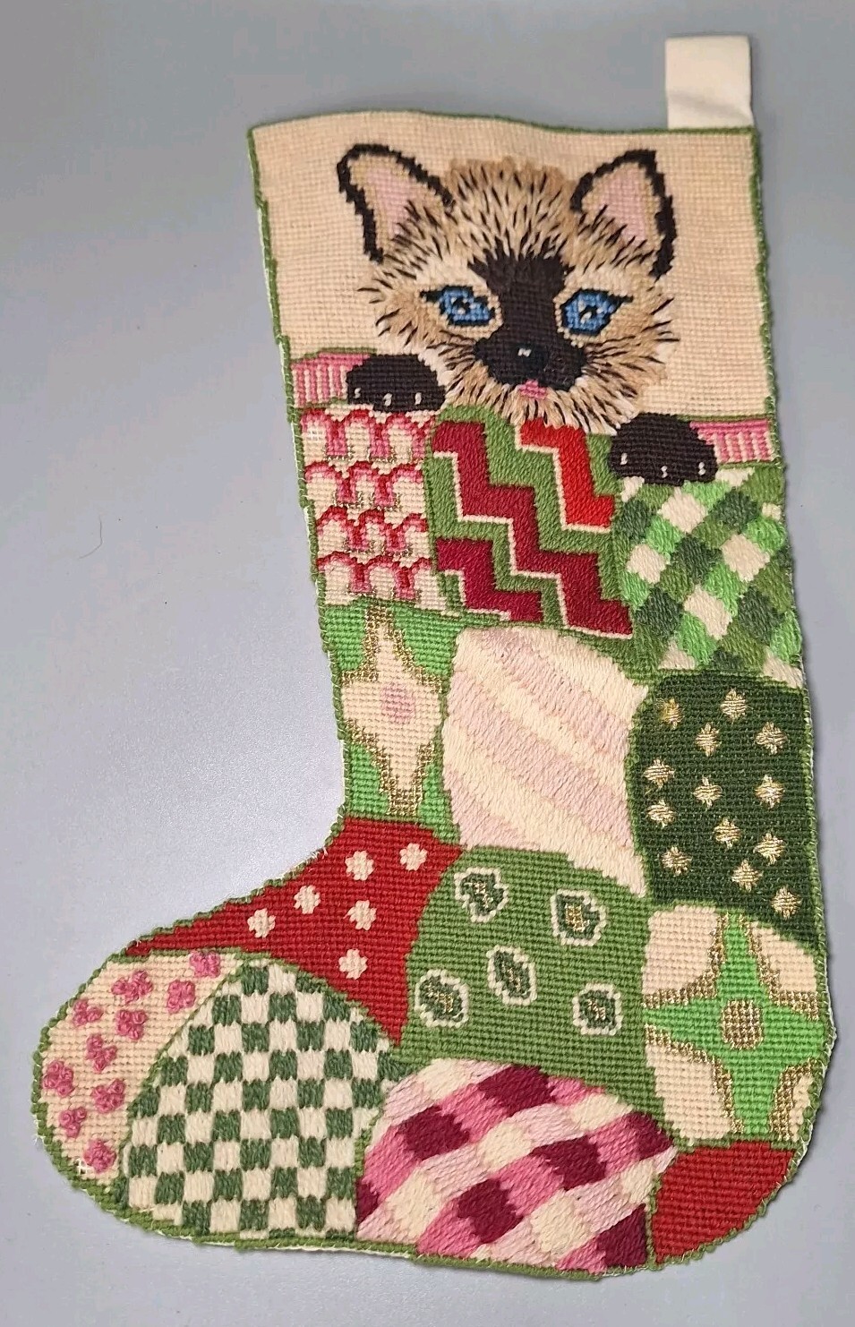 RARE Needlepoint Christmas Stocking Cat Handmade Siamese Kitten Vtg Patchwork