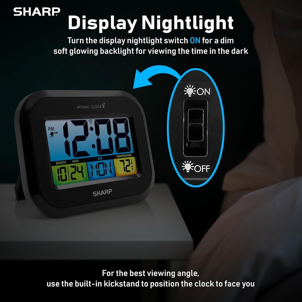 Digital Alarm Clock with LCD Display – Always-On Backlight, Adjustable Black