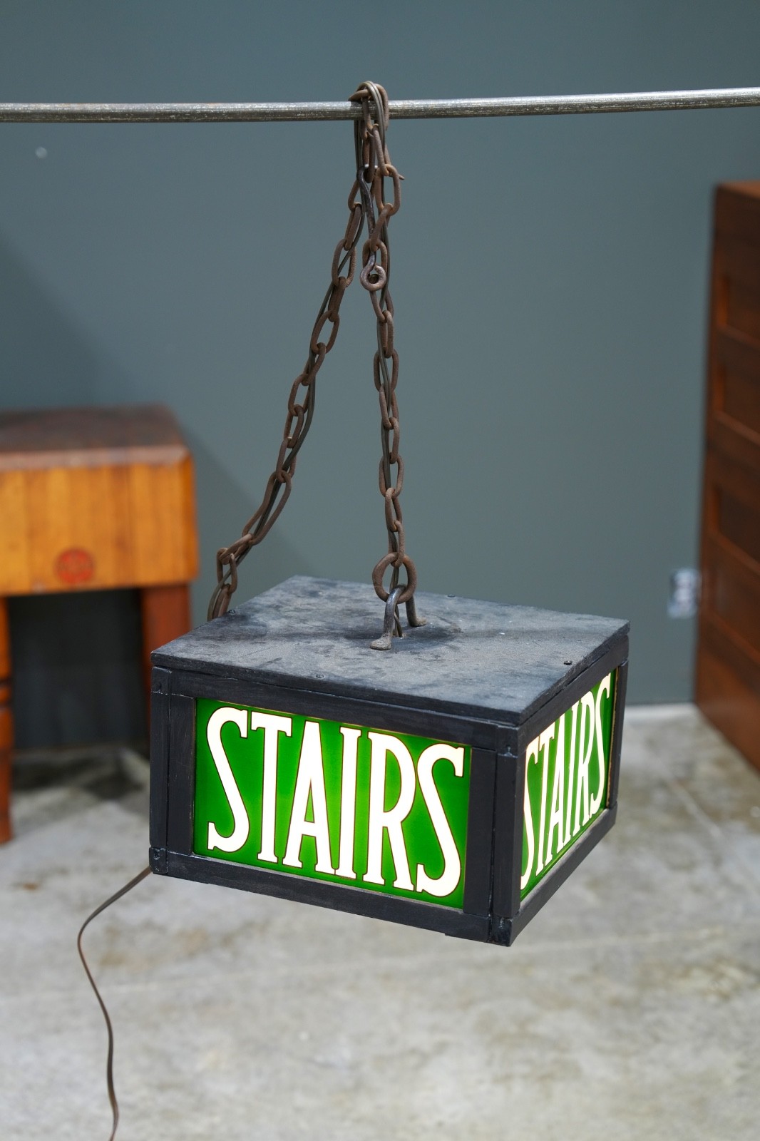 Vintage Stairs Lighted Sign Reverse Painted Glass Green Exit Light Stairway