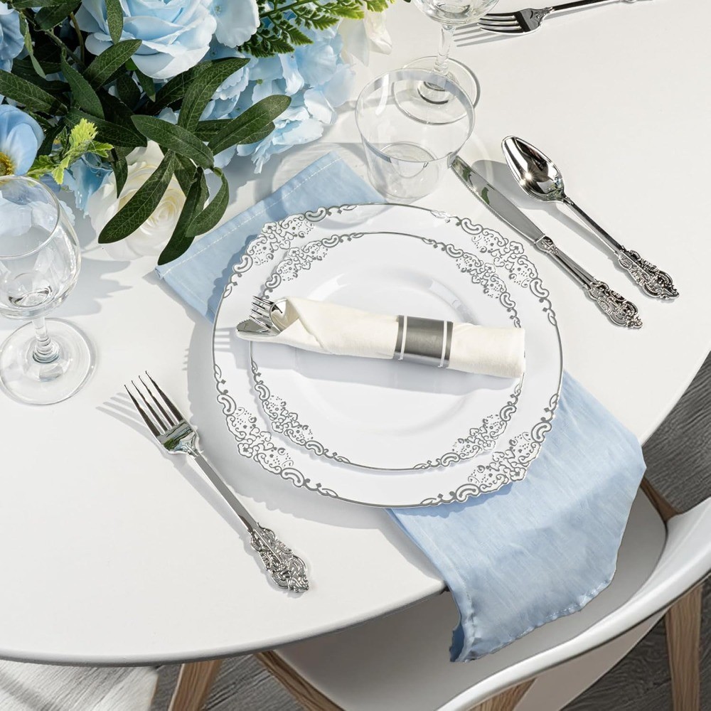 Disposable Silver Plastic Dinner Plates for 50 Guests Set Includes 100 Silver