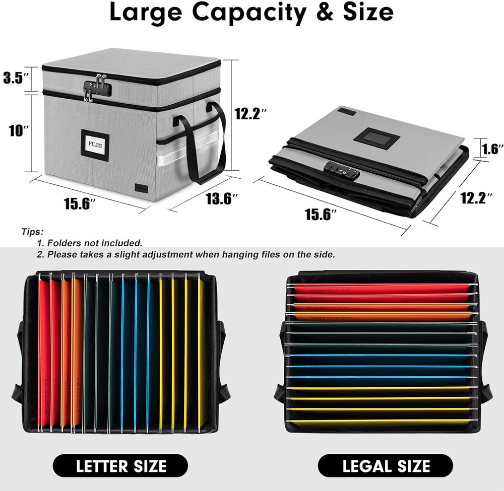 Fireproof Document Box with Lock, 2-Layer File Box Storage Organizer with 5 Tabs