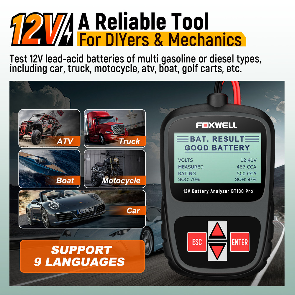 FOXWELL BT100 Pro Code Reader Battery Tester Cranking Charging Voltage Tester