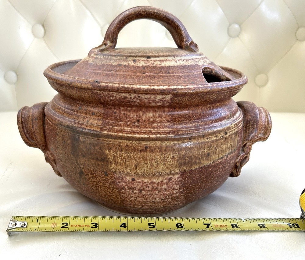 Vintage Primitive Stoneware Lidded Bean Pot Marked Townsend