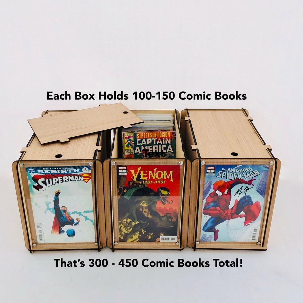 Three Comic Book Storage Boxes With Acrylic Display Frames