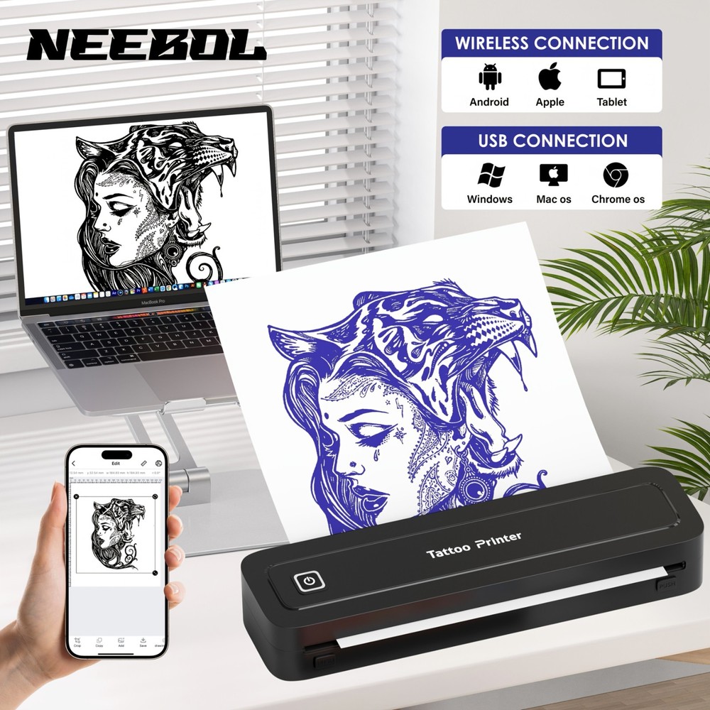 Neebol 8038 Thermal Tattoo Stencil Printer Bluetooth Tattoo Machine Kit Black