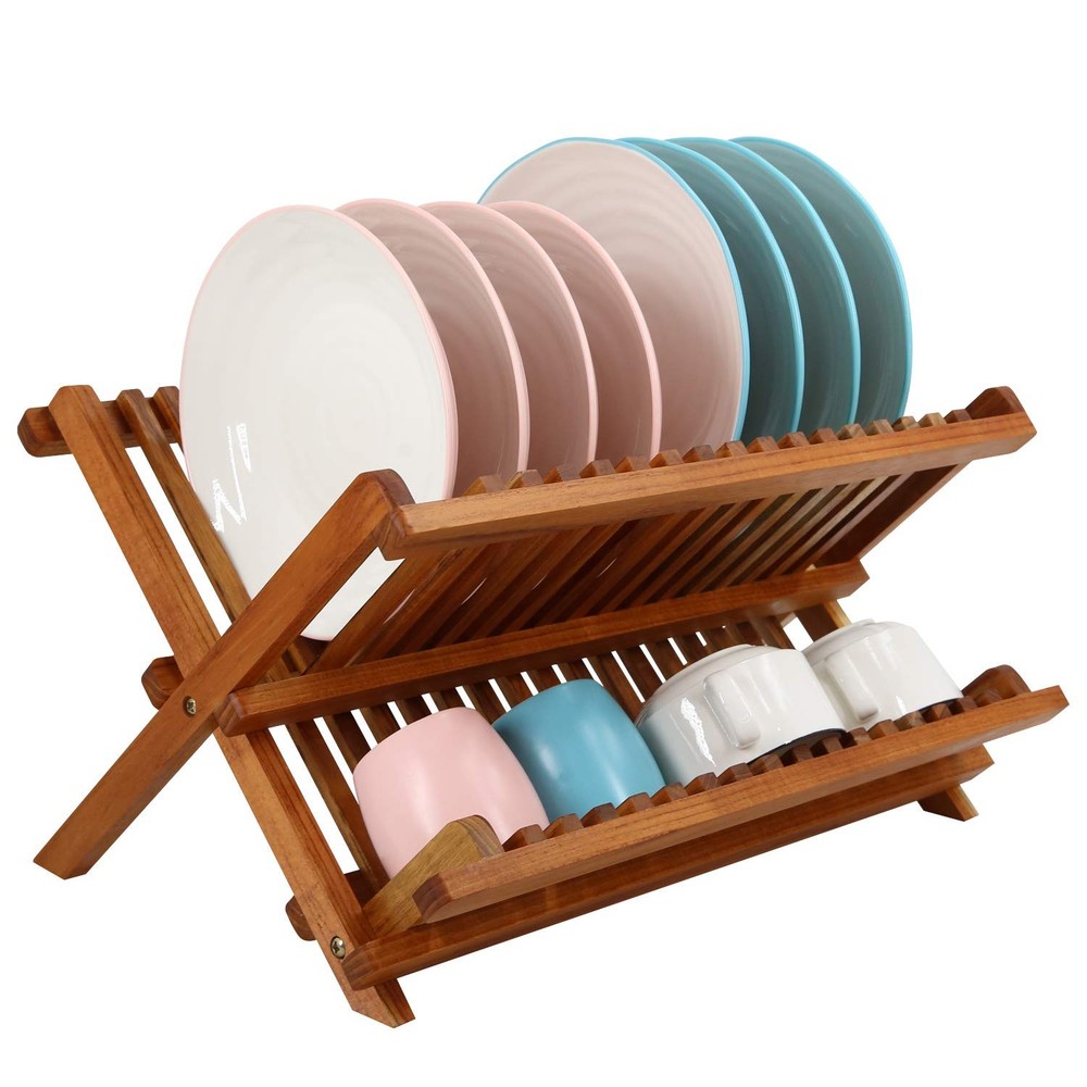 Teak Dish Drainer Rack Collapsible 2 Tier Dish Rack Dish Drying Rack Foldable Pl