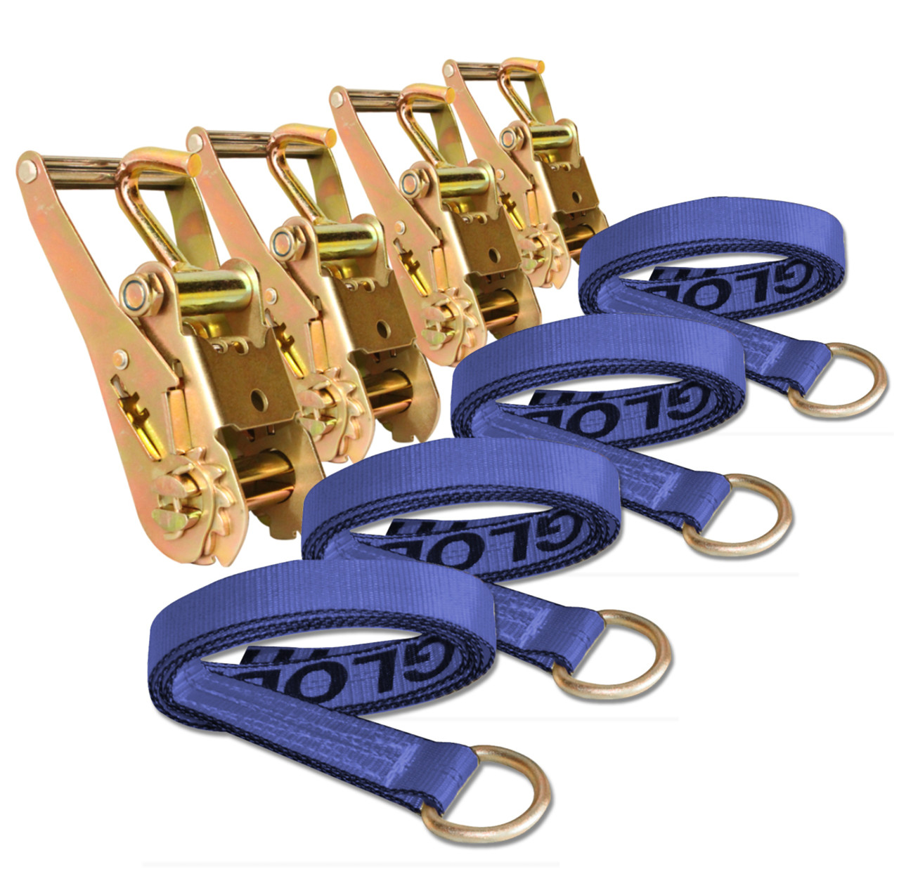 4 PACK 2" x 8' Tie Down Lasso Strap D Ring & Ratchet Handle Finger Hook Tow Tire