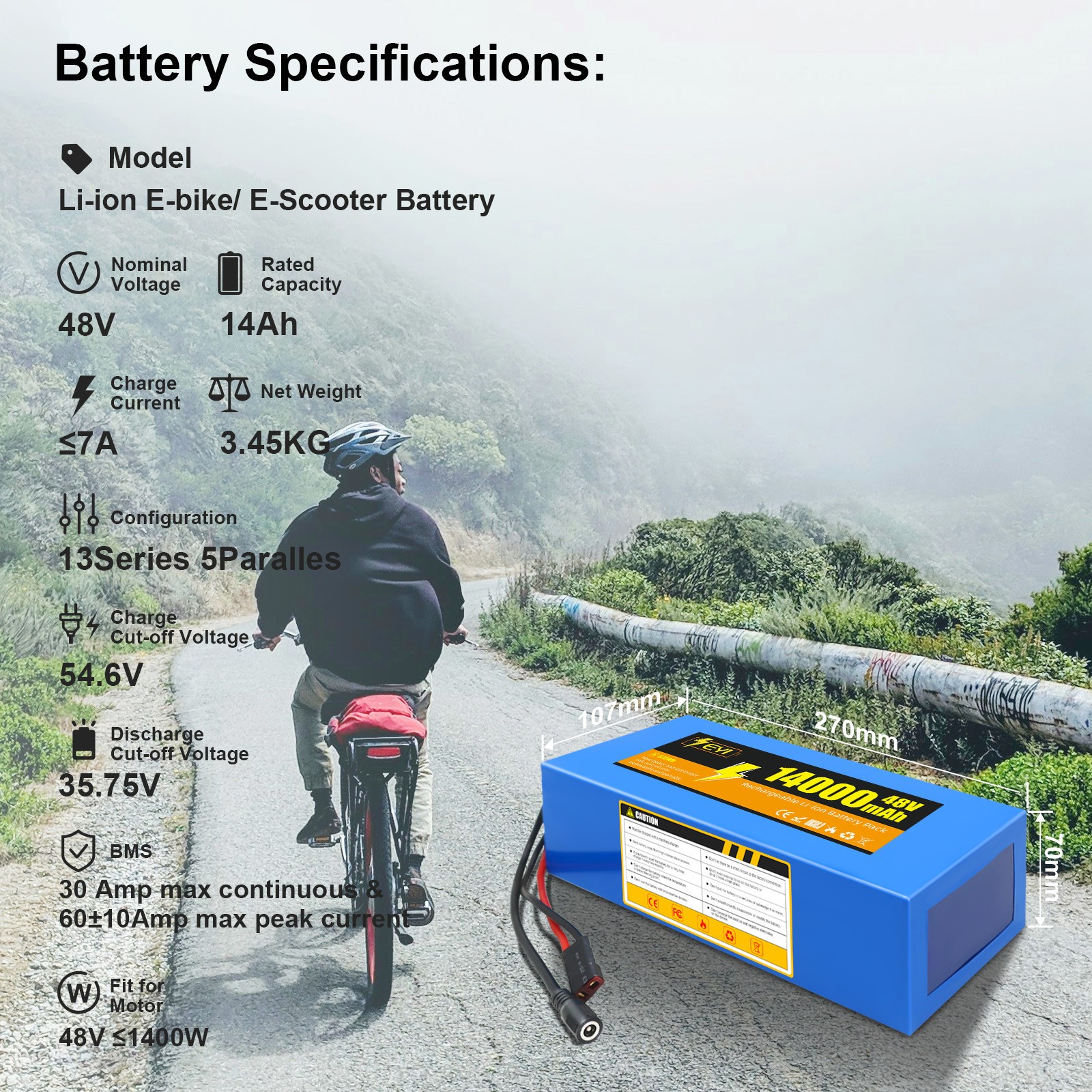 48V 14Ah Lithium Battery Pack for 0-1400W Ebike Bicycle Scooter with 2A Charger