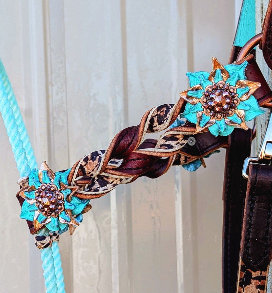 Lariat Halter Mint/Cheetah Custom Hand Made By Devine Leather