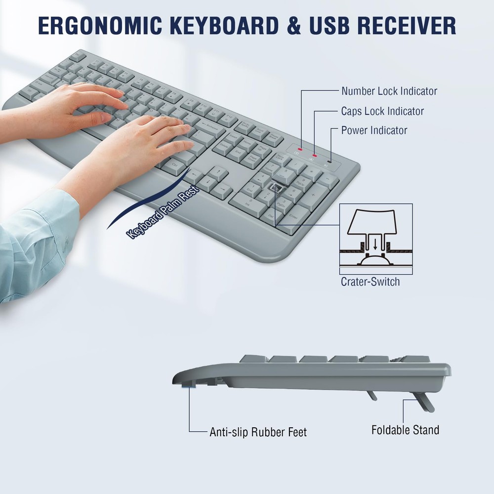 Wireless Keyboard Mouse Combo FullSized 2.4GHz Ergonomic Optical Mice Gray