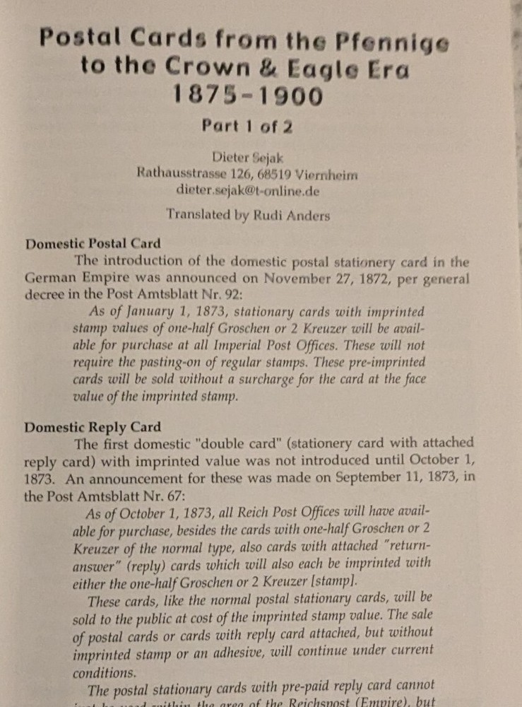 German Postal Specialist July 2005 1875-1900 Pfennige Postal Cards