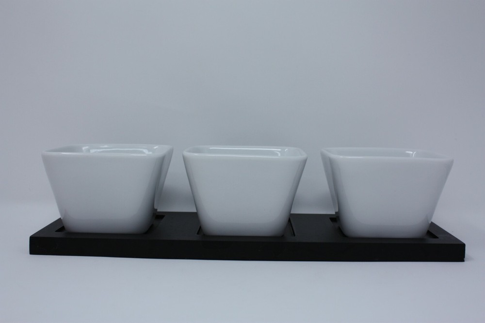 Simple Dining Entertaining 4 pc ceramic tidbit serving set in white w/black tray