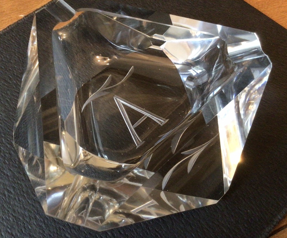 Mid Century Modern 6” Geometric Triangular Crystal Ashtray Engraved No Chips