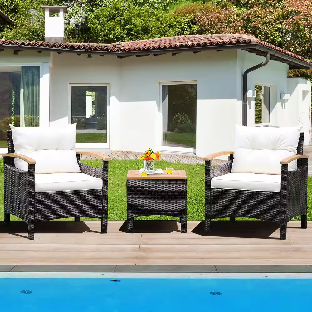 3-Piece Patio Rattan Furniture Set Wooden Armrest Table Top Cushioned Deck in of