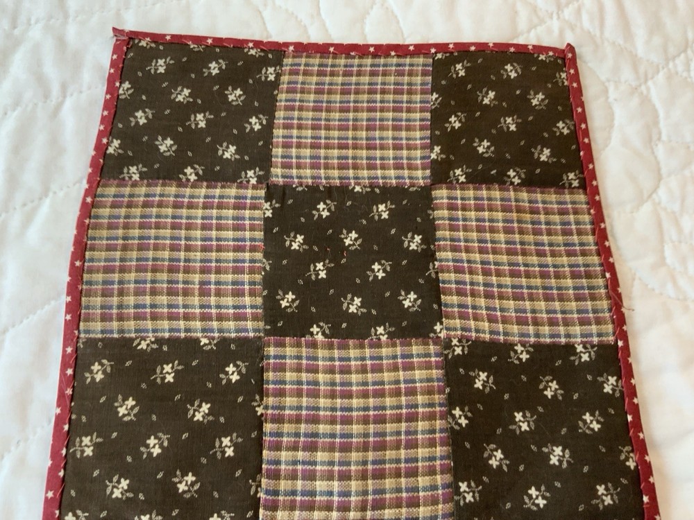 Antique Patchwork Quilt Table Topper, Nine Patch, Brown Florals, Checks
