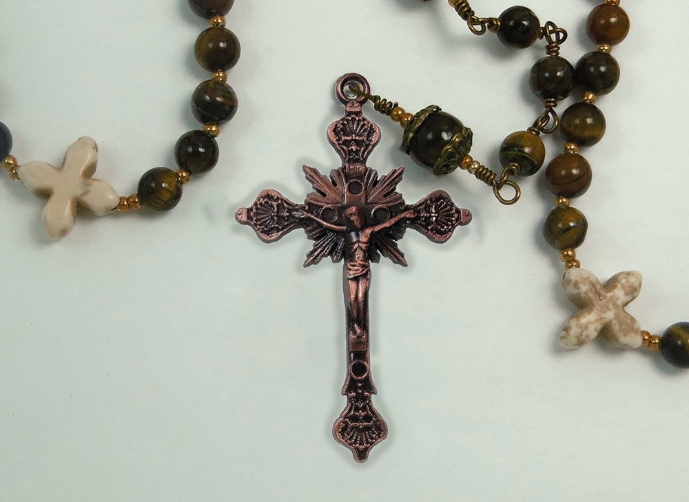 Handmade Catholic Rosary, Tiger Eye Beads and Copper Crucifix