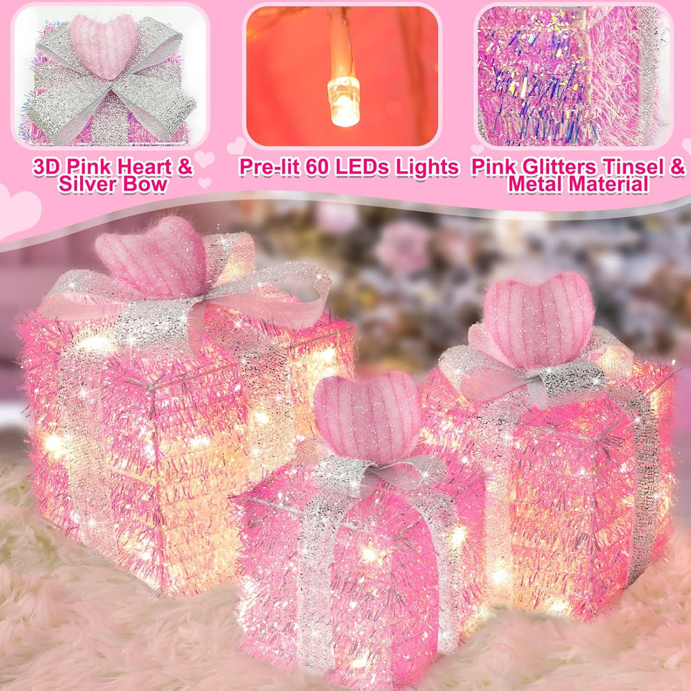 Timer & 8 Mode 3 Pack Pink Valentines Decorations Valentines Lighted Gift Boxes