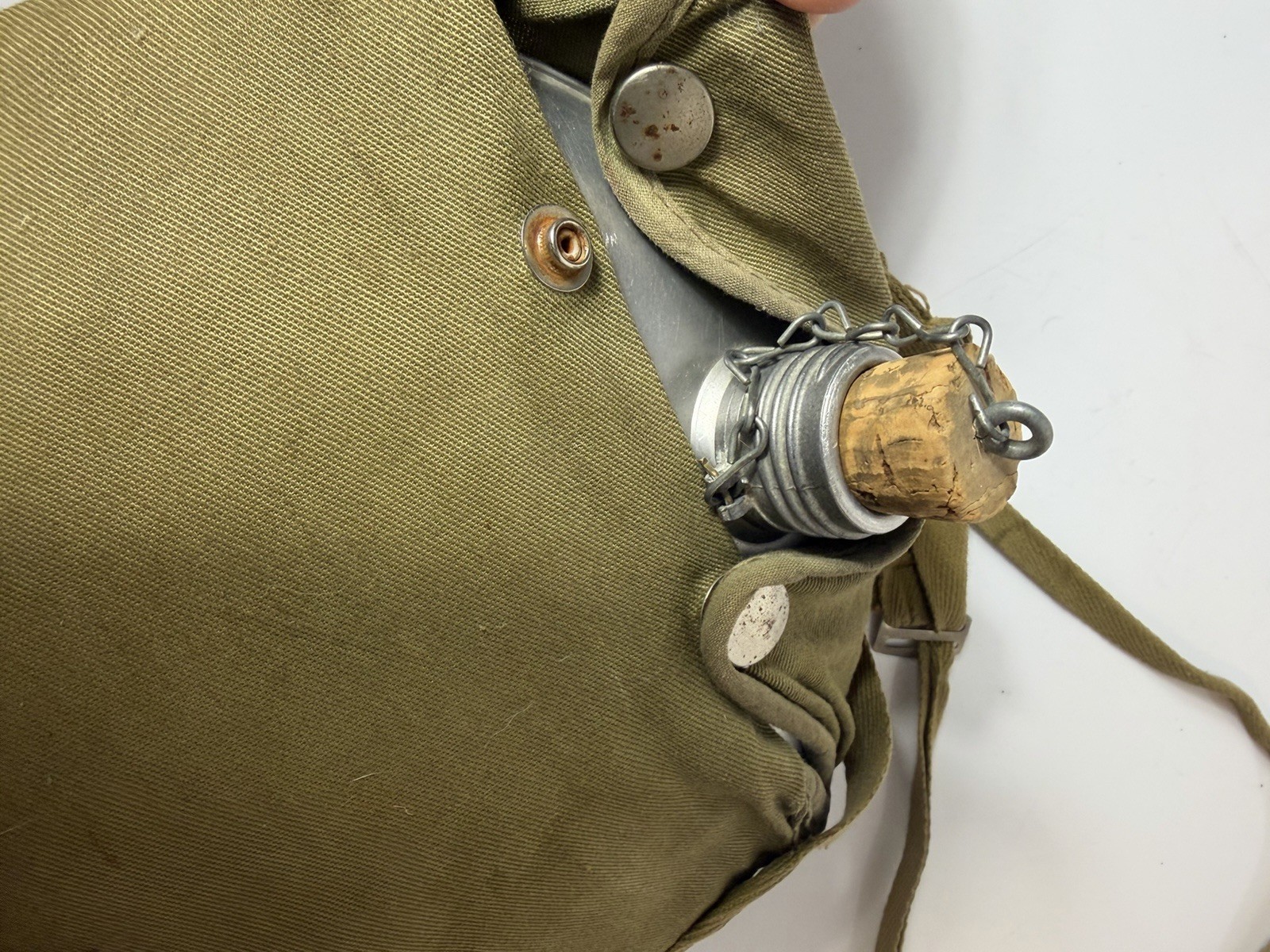 Vintage Military Metal Canteen W/Cloth Carrier, Cork Stop, Adjustable Strap