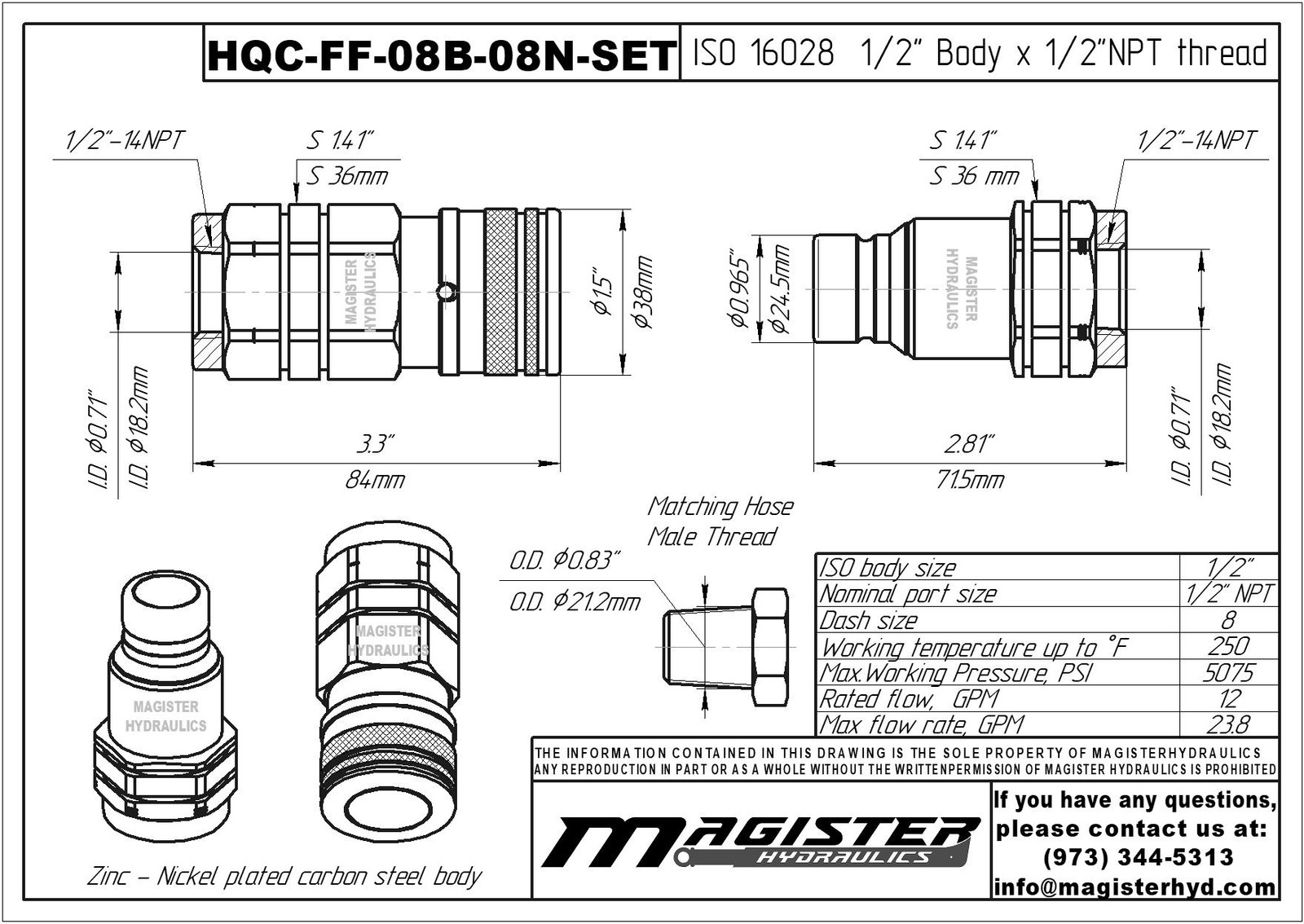 1/2″ Flat Face Hydraulic Quick Couplers Set - 1/2″ NPT Thread
