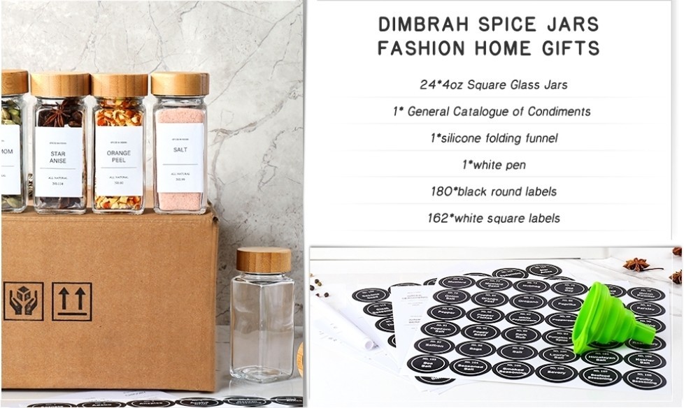 24 Pack] Spice Jars with Label,Seasoning Containers,Glass Spice Jars with Bamboo