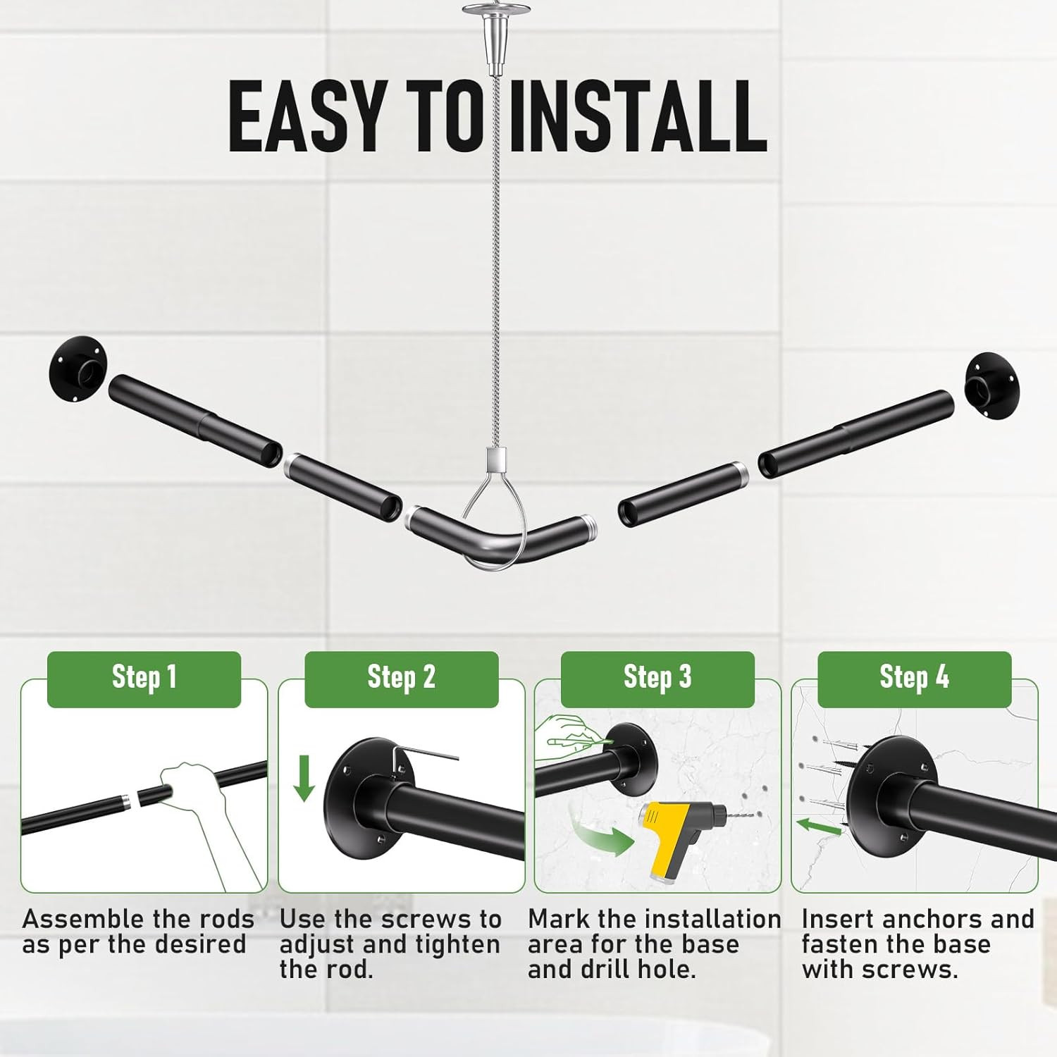 L Shaped Shower Curtain Rod - [23''-53''] X [23''-53''] Adjustable Corner Shower
