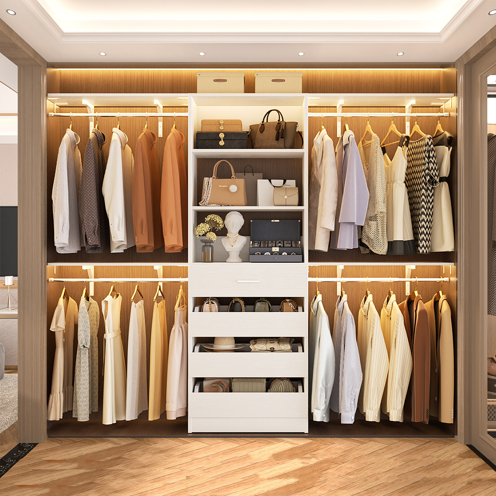 96'' Walk-in Closet Organizer System with 4 Drawers ＆ 4 Hanging Rods ＆ 4 Shelves