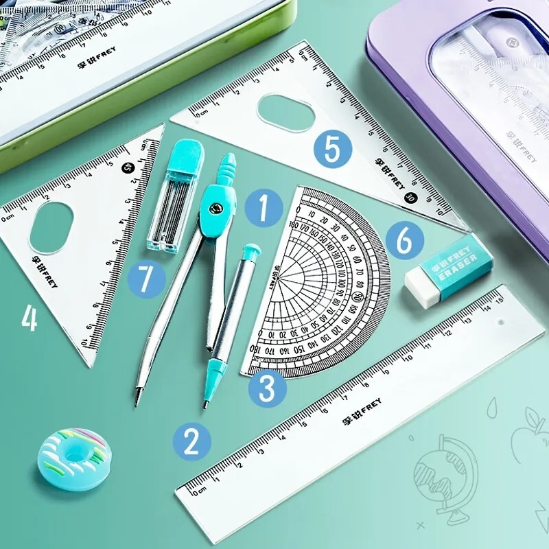 New Blue Compass Ruler 7 Pieces Set Learning Tools Math Drawing Set for Students