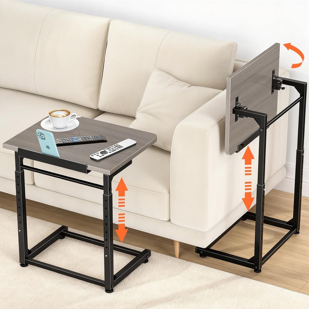 Tv Tray Table, 8-Level Adjustable Height Couch Side Table，90° Tilt Angle