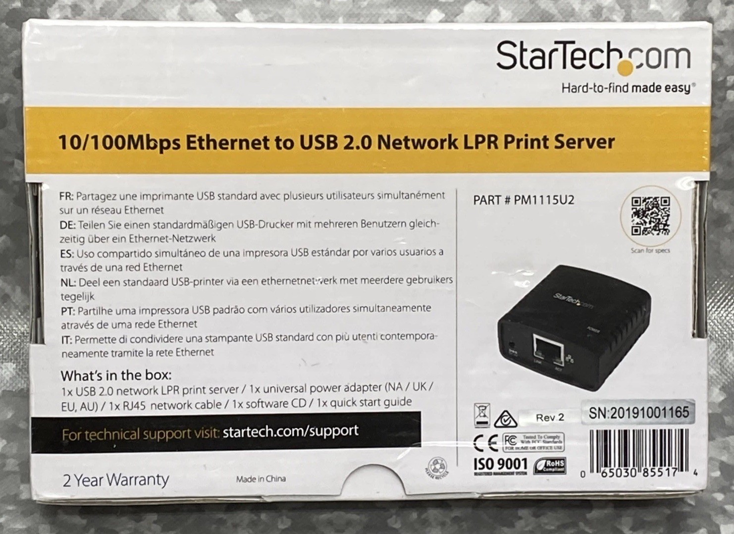 StarTech Network LPR Print Server 10/100Mbps Ethernet to USB 2.0 #PM1115U2 New
