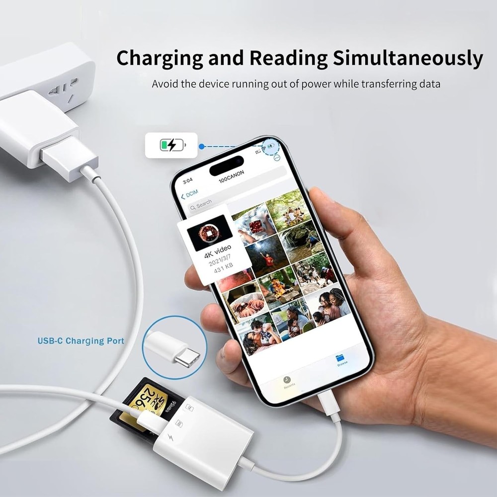 USB C SD Card Reader for iPhone 16/15 Pro Max/Plus, SD/TF+Charging, White