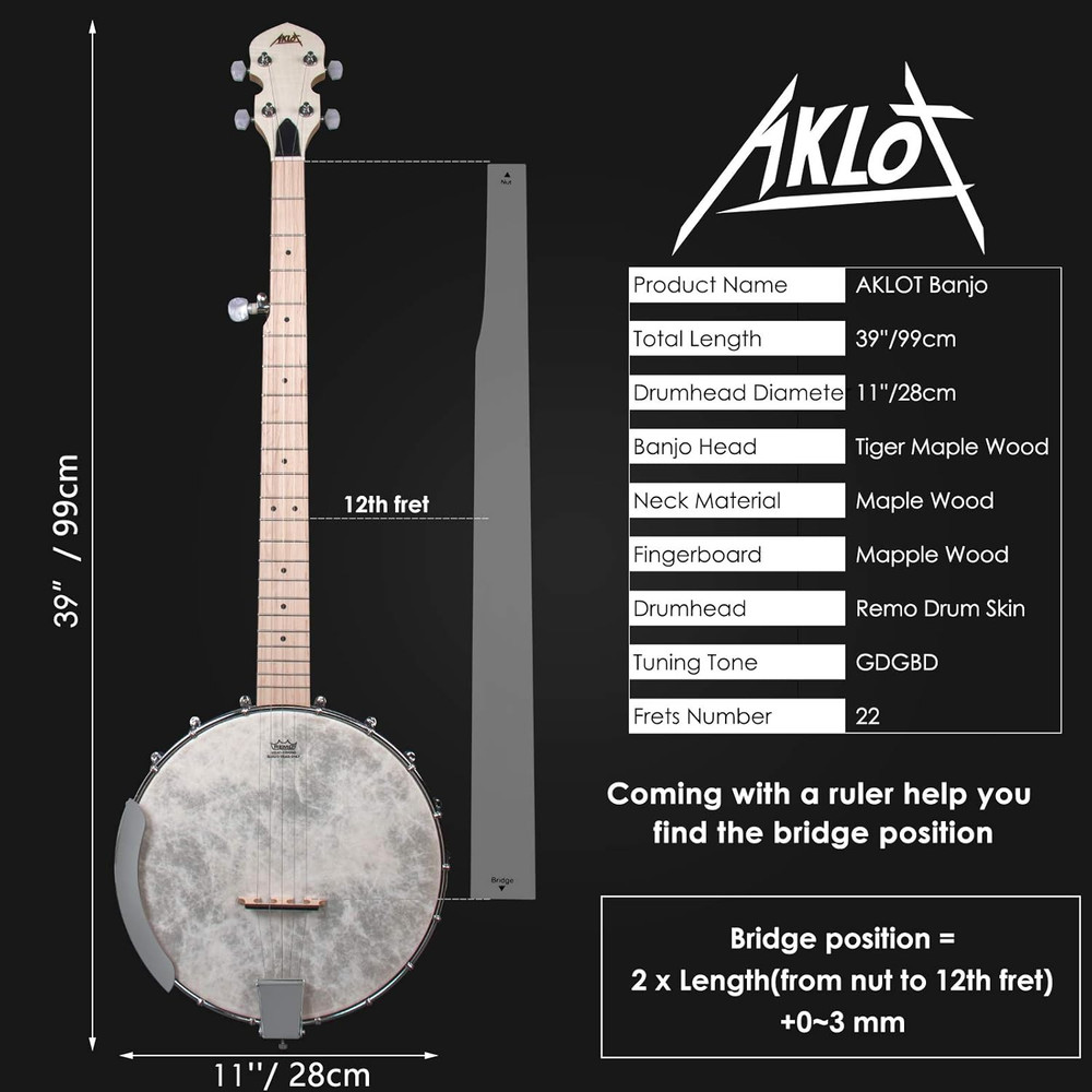 Full Size 5-String Open Back Banjo with Adjustable Maple Body, Remo Head & Acces