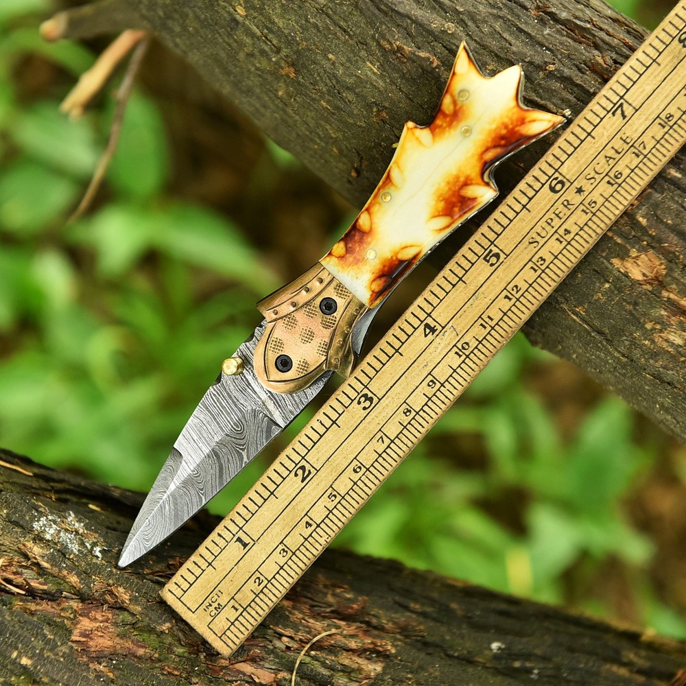Damascus Folding Double edge Blade Pocket Knife - Dagger - Camel Bone Handle