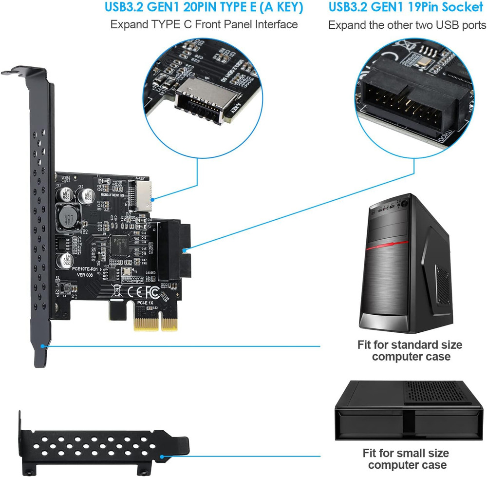 PCI-E 1X to USB 3.2 GEN1 5Gbps 20Pin Front Panel Header (To Type-C Front Panel H