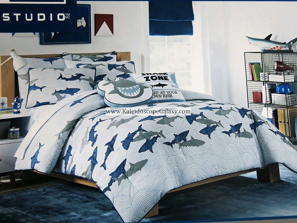 SHARK 9pc FULL/QUEEN COMFORTER ~ BLUE GRAY WHITE SHARKS ~ SHEETS