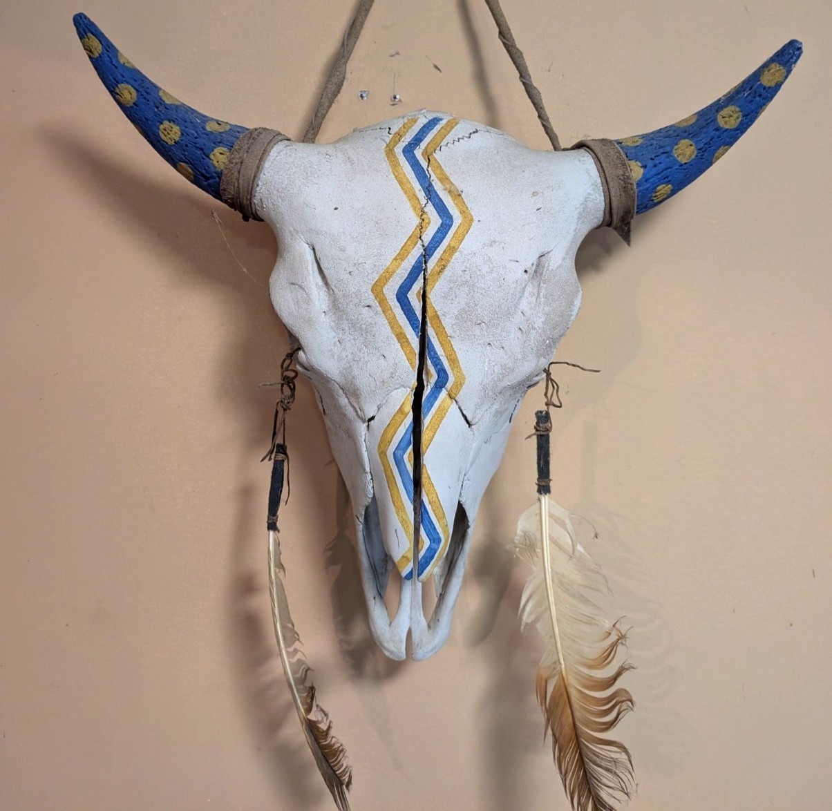 Native Hand Painted Buffalo Skull Blue And Yellow, Thunderbolts, Hung By Hyde