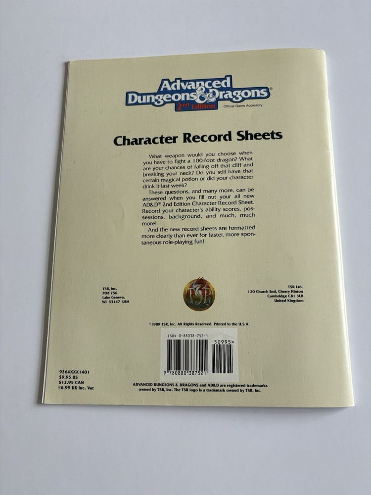 Advanced Dungeons and Dragons Character Record Sheets TSR 1989