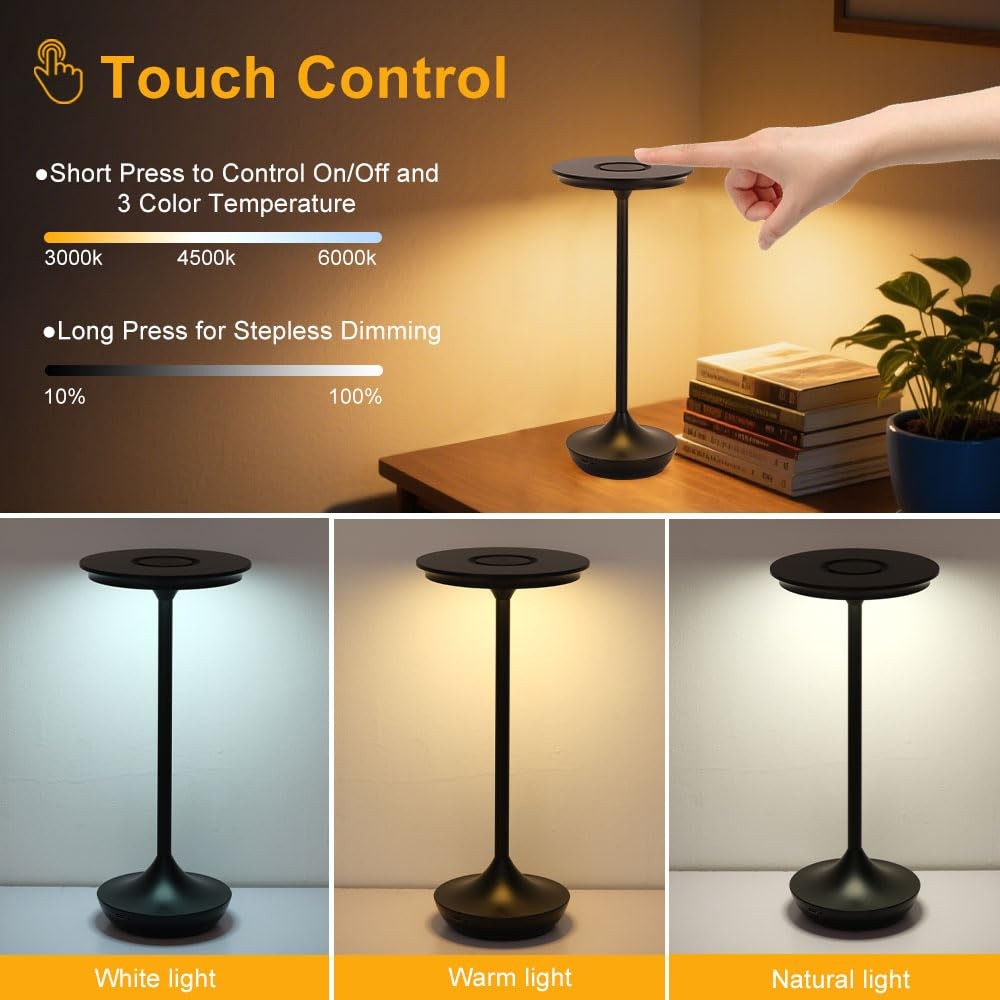 Cordless Rechargeable LED Table Lamp, Dimmable Touch Control, 3 Color, Black