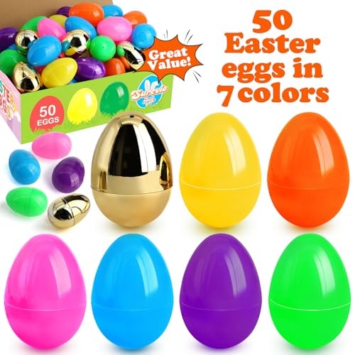 [6 Surprise Golden Eggs] Large Easter Eggs, Empty Easter Eggs 50 Pack 3 Inch
