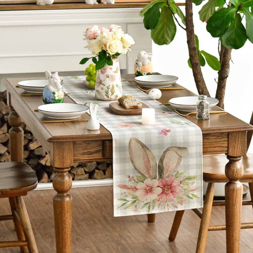 Buffalo Plaid Bunny Rabbit Ears Flower Easter Table Runner, Spring Summer Sea...