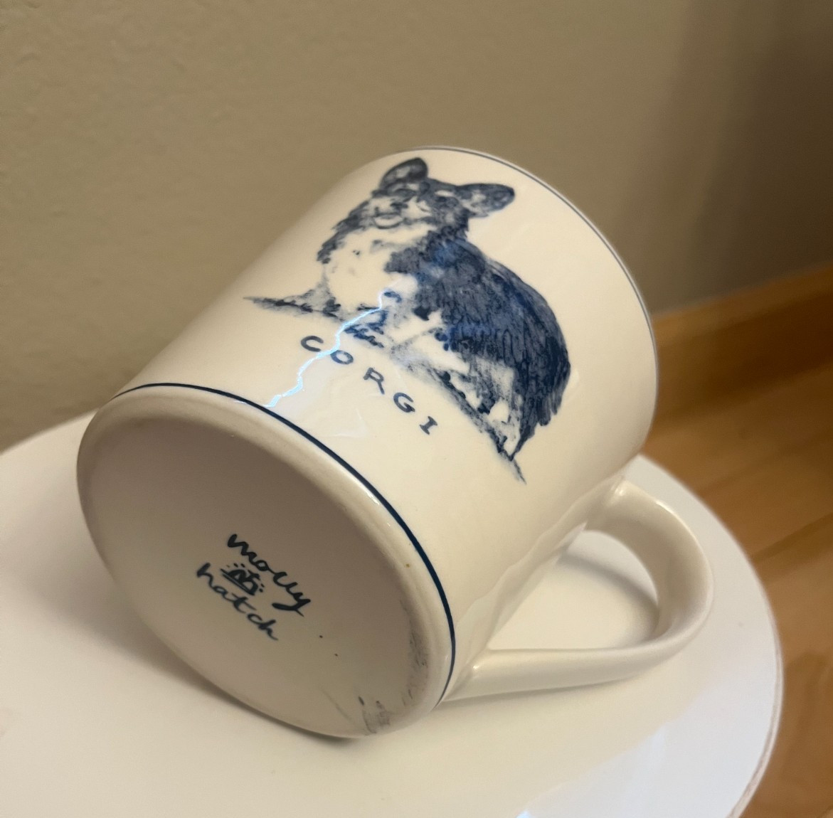 Molly Hatch Anthropologie Corgi 14oz Coffee Mug Blue Cream Hand Painted