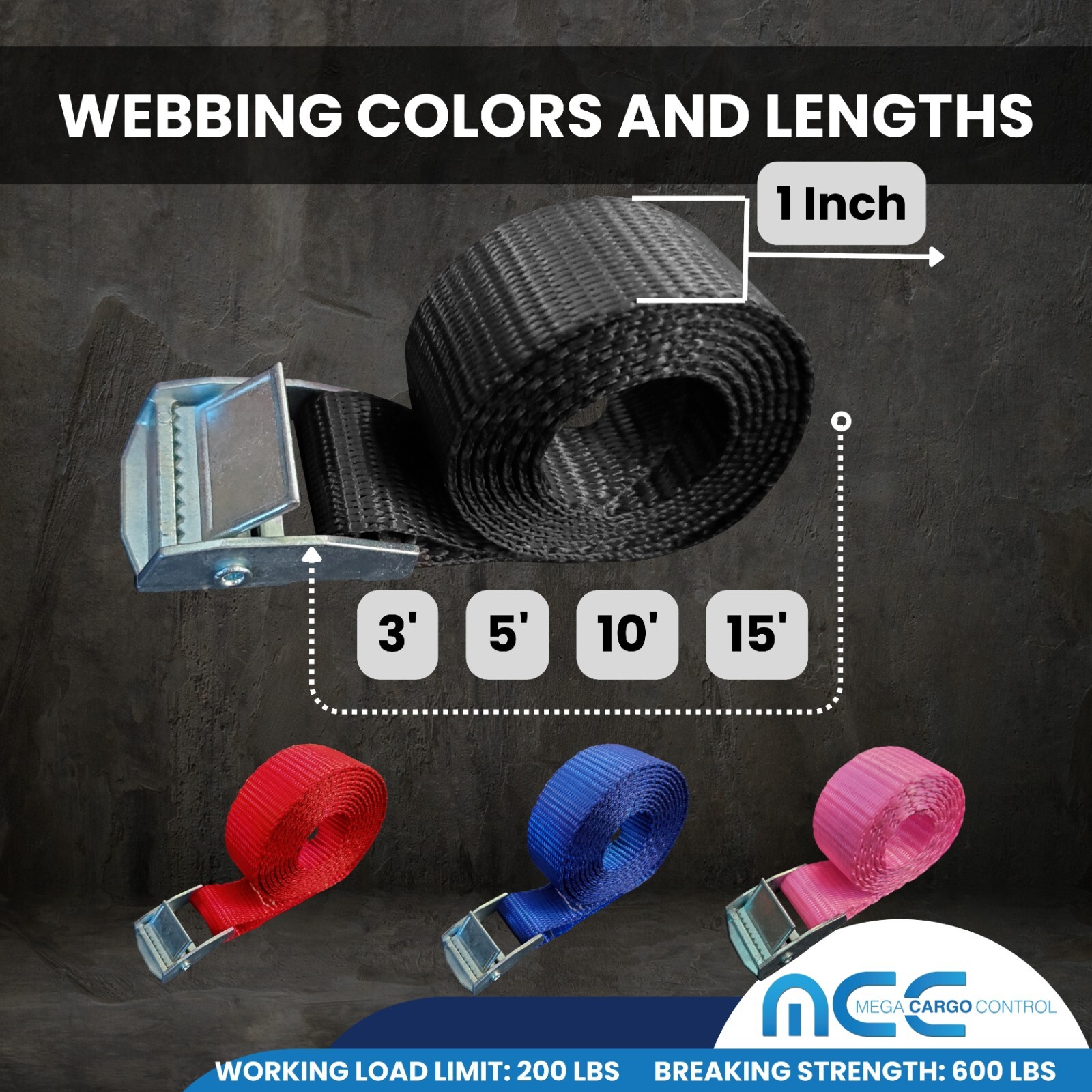 USA 1" x 3'- 15' Endless Cargo Lashing Strap w/Cam Buckle for Motorcycle Bicycle