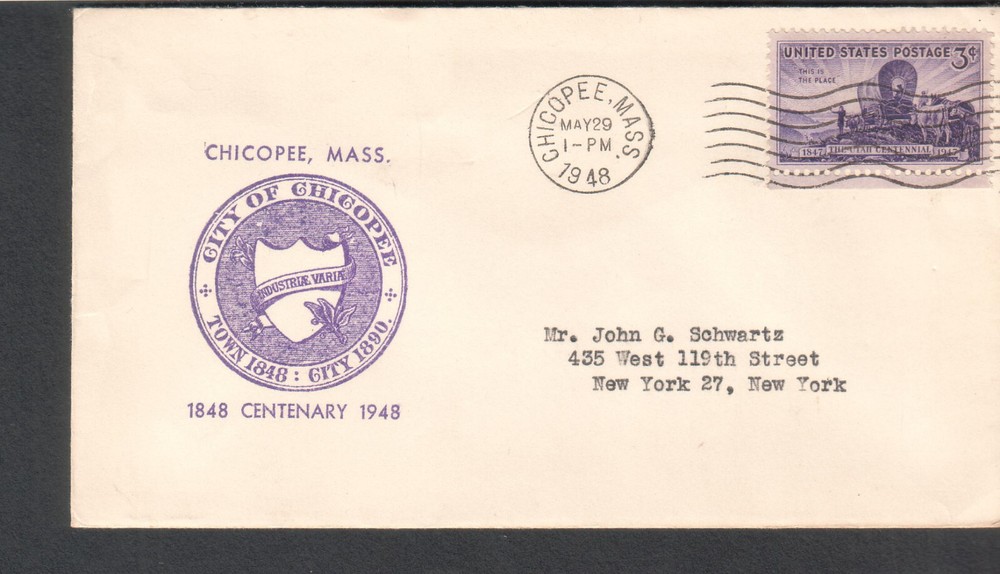 1948 cachet cover Chicopee MA centenary