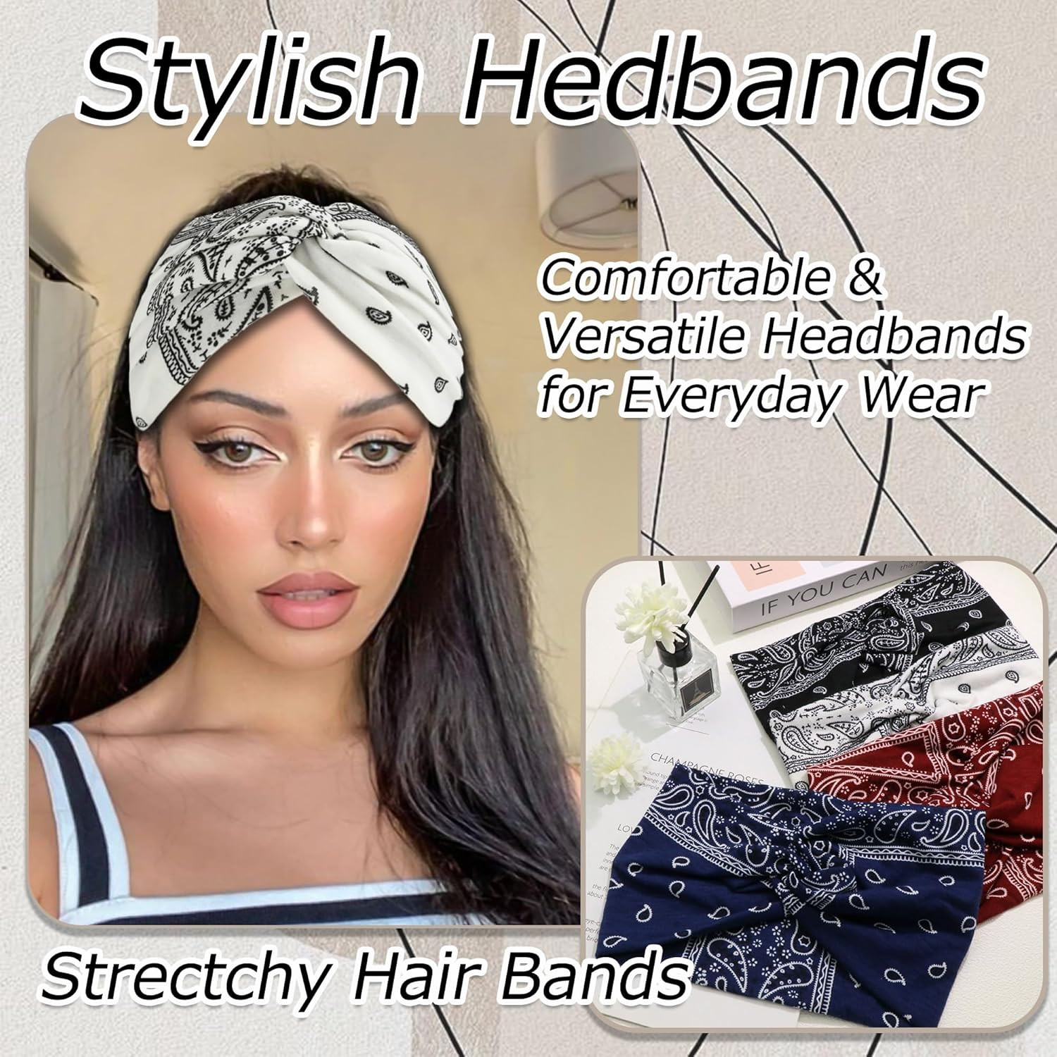 4 Pack Wide Headbands for Women Paisley Twist Hair Bands Stretchy Cross Head Tur